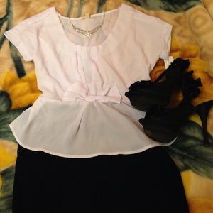 Boutique White chiffon peplum blouse with bow NWT
