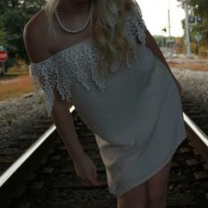 Nude dress with off the shoulder white lace dress