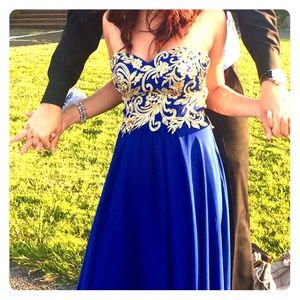 Royal blue pro dress with gold trimming (size XS)