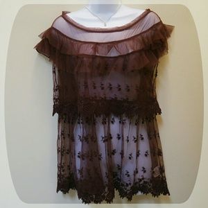 Burgundy lace & mesh blouse