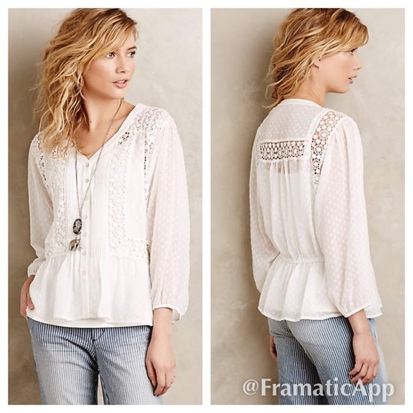 Meadow Rue White Dot Lace Chiffon Peasant blouse L