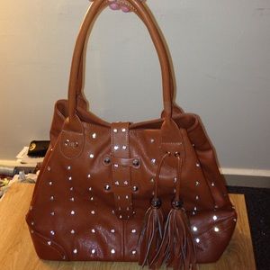 Cognac Purse with Rhinestones & Tassels