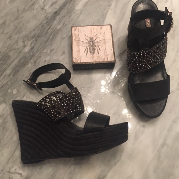 BCBGeneration Black ankle strap wedges beaded