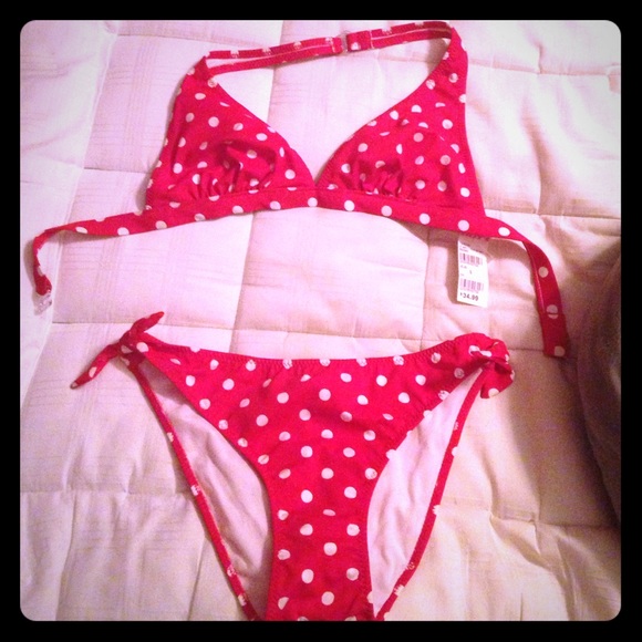 Red and white polka dot bathing suit