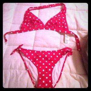 Red and white polka dot bathing suit