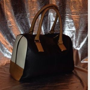 Black, brown, and beige block satchel