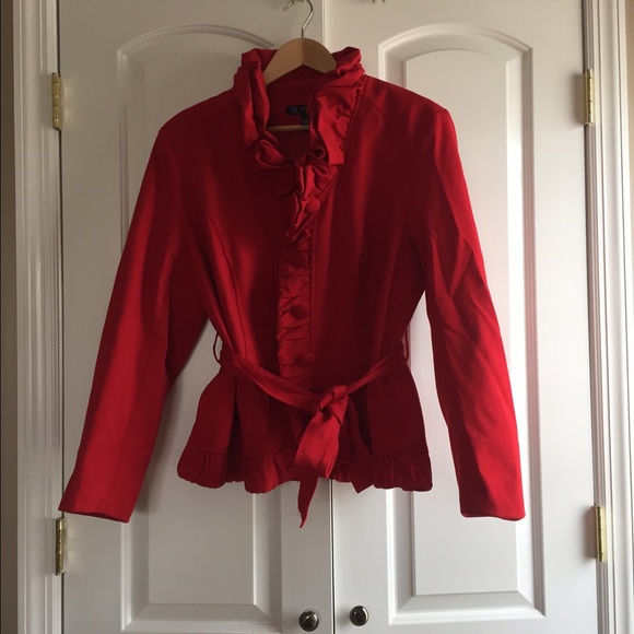 Beautiful Red button short blazer w/ ruffles.