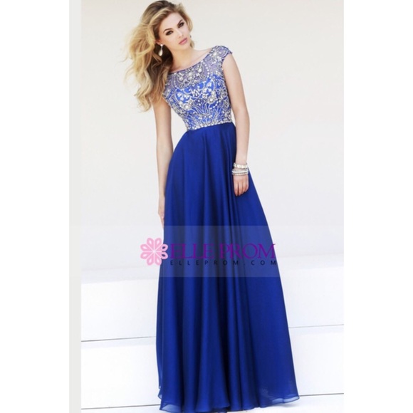 Floor-Length Chiffon Royal Blue Beaded Prom Dress