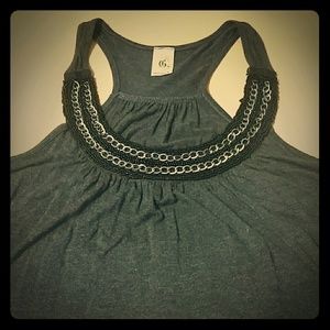 Grey racer back tank top w beading & chain detail
