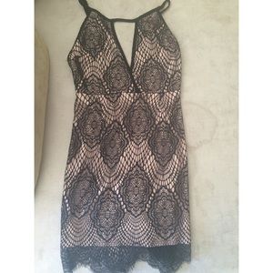 Nude and Black Mini Lace Dress