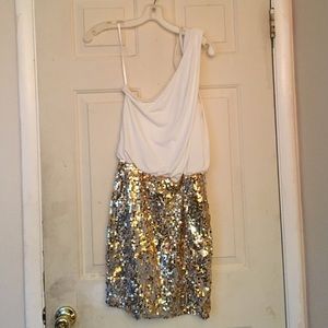 One shoulder white and gold party dress
