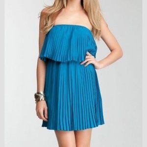 Bebe Pleated Accordian Tube Strapless Dress Blue