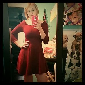 Maroon and black striped skater dress