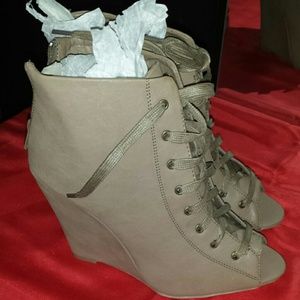 Taupe peep toe wedge bootie