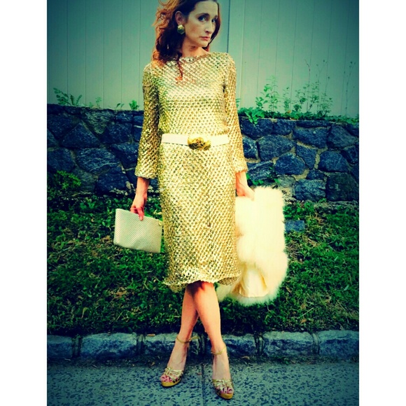 HOLD Vintage Gold Crocheted Net Dress - Picture 3 of 4