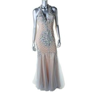 TERANI COUTURE Tan Embellished Halter Full-Length