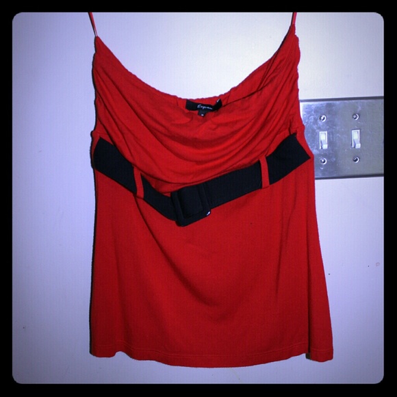 Bright red tube top with black buckle belt
