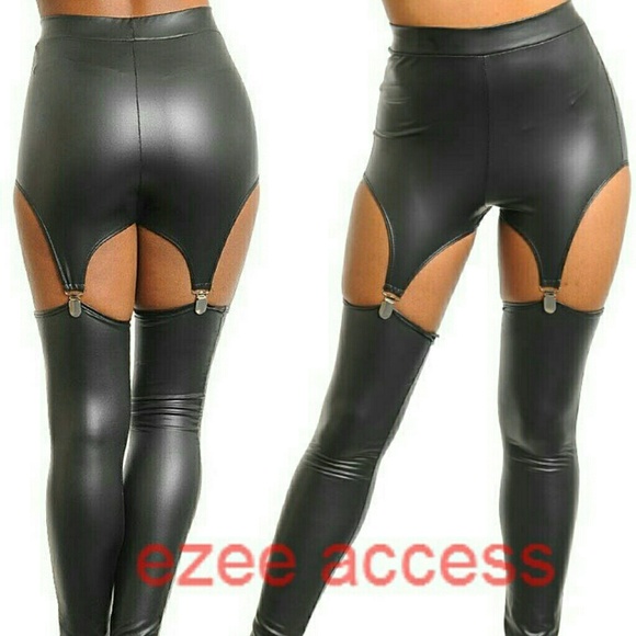 Black Faux leather leggings garter suspender pants - Picture 3 of 3