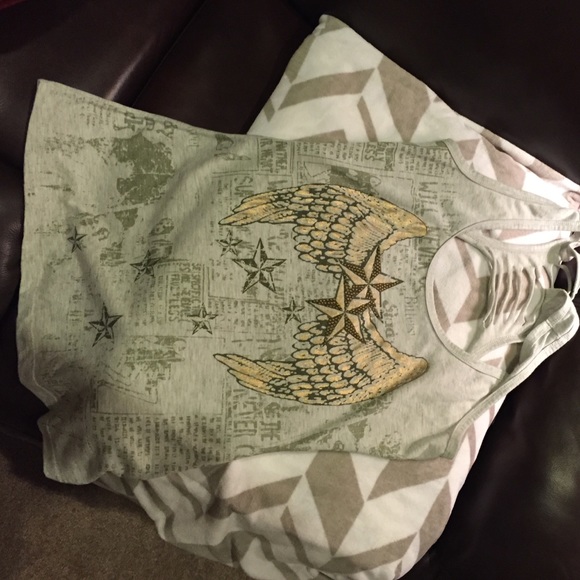A top with Angel wings & army green &gold accents