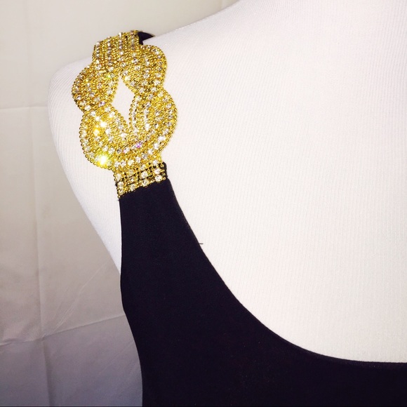 Embellished 'Petite' Shutter sleeve shift blk &gld - Picture 3 of 4