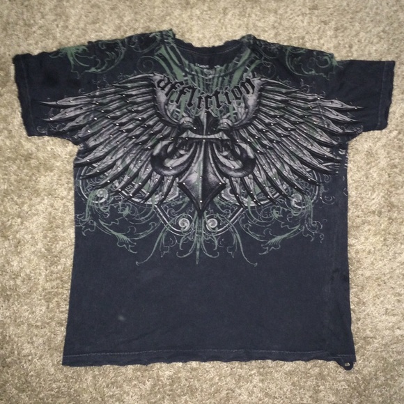 AFFLICTION distressed shirt TOP studded wings logo