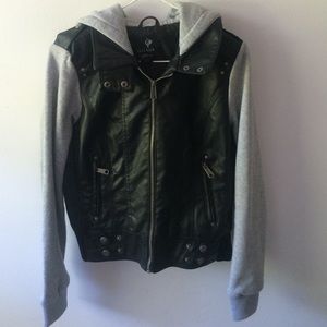 Leather Jacket w/ Grey Sleeves and Hood