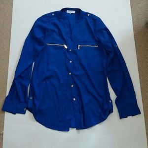 Royal blue button up roll tab blouse