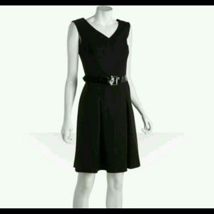 Tahari black pleated 'Wayne' sleeveless belted dre