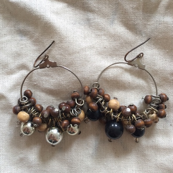 Silver/black and wooden beaded earrings