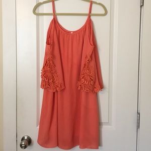 Boutique coral cold shoulder dress with lace