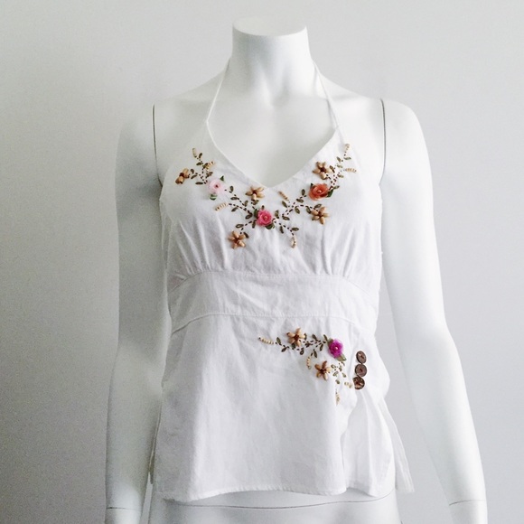 Tops - Beaded Floral Halter Top with Side Slits Tops - Beaded Floral Halter Top with Side Slits