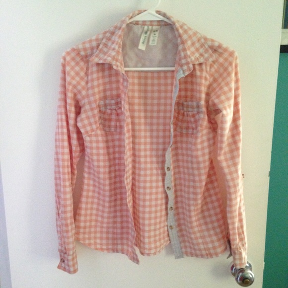 Peach and white checkered button down shirt