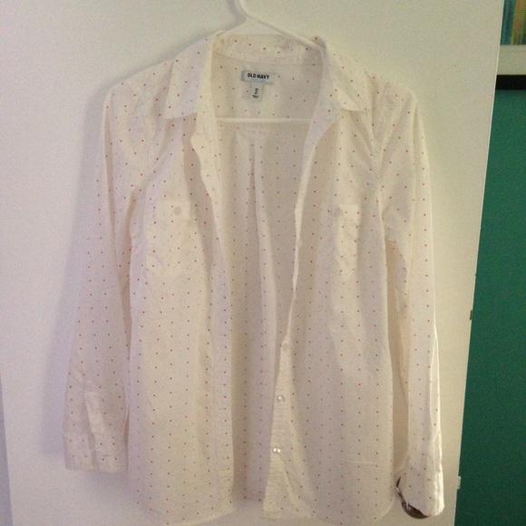 White with red polka dot button down shirt