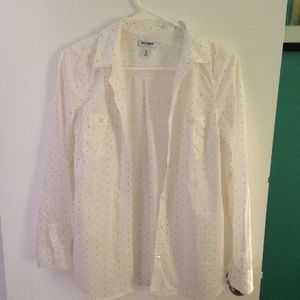 White with red polka dot button down shirt