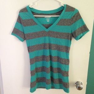 Blue and gray striped v-neck shirt
