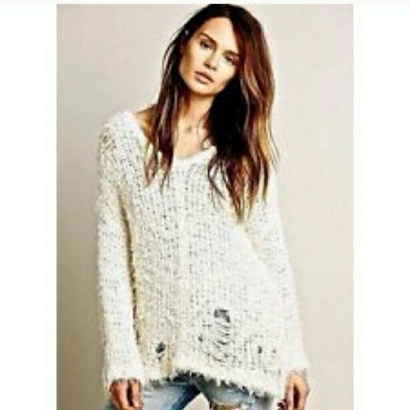 Free People Ivory Distructed Loose Knit Sweater (M
