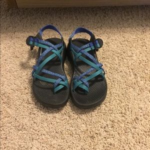 Teal and blue Chacos