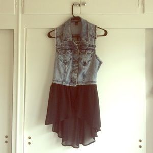 Denim tank with built-in sheer layering