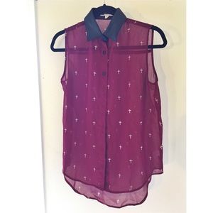 Burgundy sheer cross shirt w/ faux leather collar