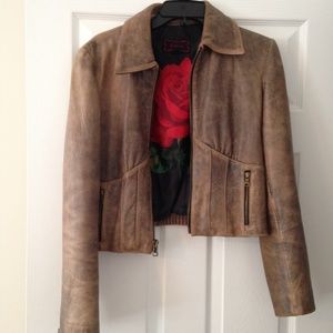 Distressed leather cropped moto jacket