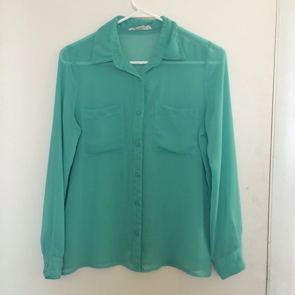 Sheer, teal button up.