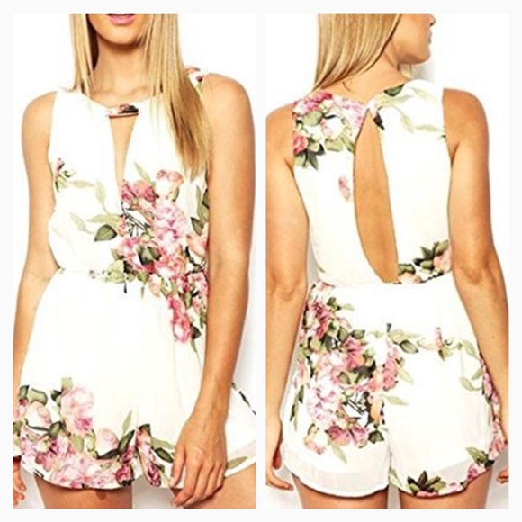 NEW Floral Chiffon V-Neck Open Front/Back Romper - Picture 4 of 4