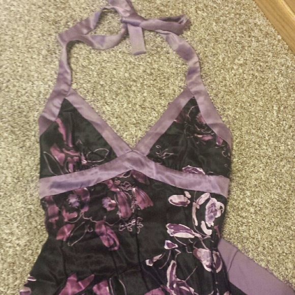 A Bebe black/purple floral cocktail dress