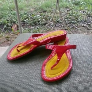 Red yellow patent sandals