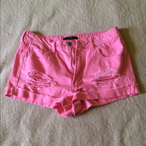 bright pink distressed high waisted shorts