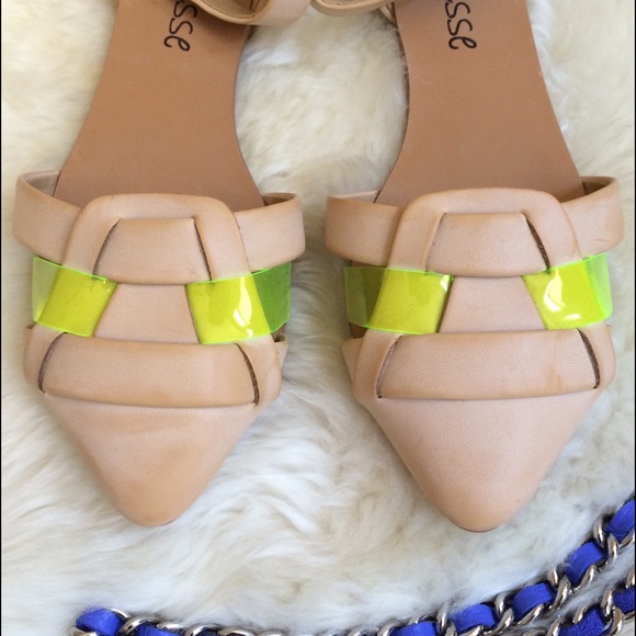 Nude Pointed Toe Ankle Strap Flats w/ Neon Accents - Picture 2 of 4