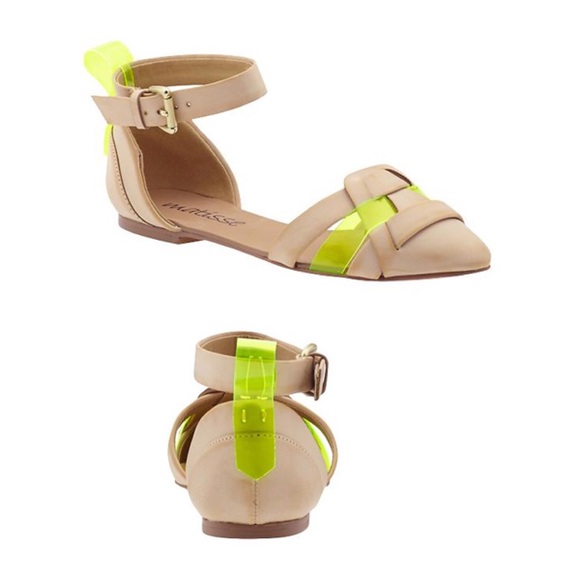 Nude Pointed Toe Ankle Strap Flats w/ Neon Accents - Picture 4 of 4