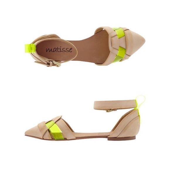 Nude Pointed Toe Ankle Strap Flats w/ Neon Accents - Picture 3 of 4