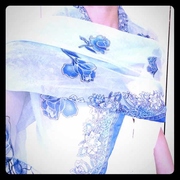 Accessories - Sheer Blue Floral Scarf/Evening Wrap
