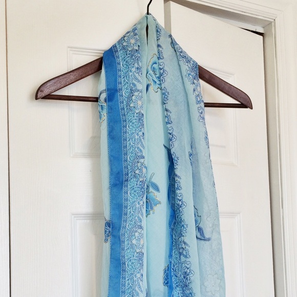 Sheer Blue Floral Scarf/Evening Wrap - Picture 2 of 4